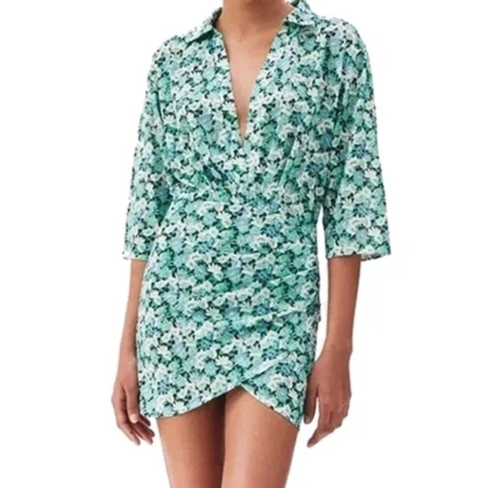 Pull & Bear Mini Dress Floral Faux Wrap front Side Ruching Deep Plunge Neck